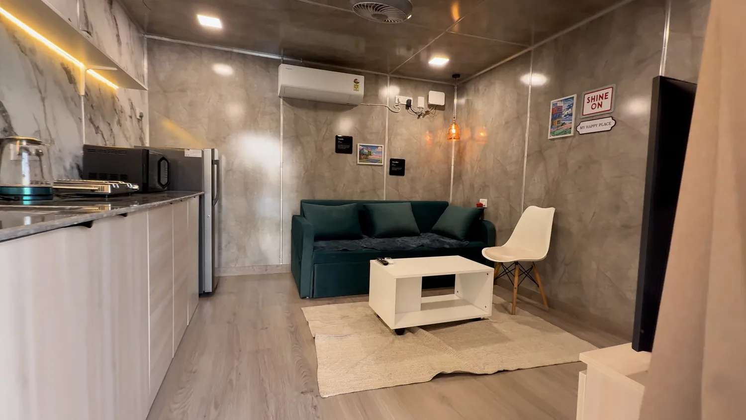 Container home living area with kitchenette — CabinWala Jaipur